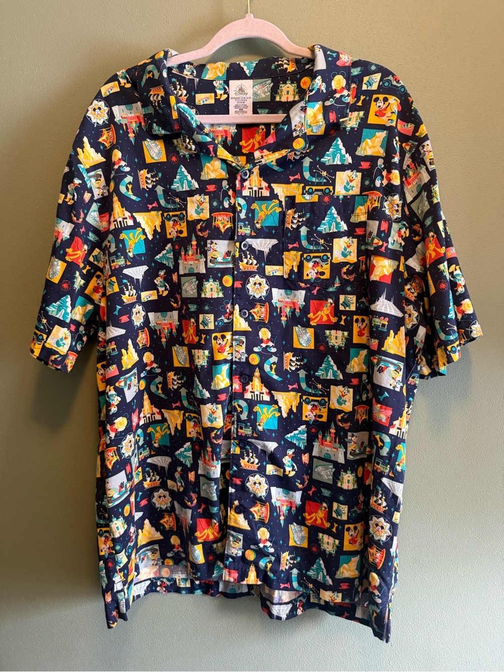 Walt Disney XXL Navy Novelty Print Button-Up Camp Shirt - Colorful Graphic Icons